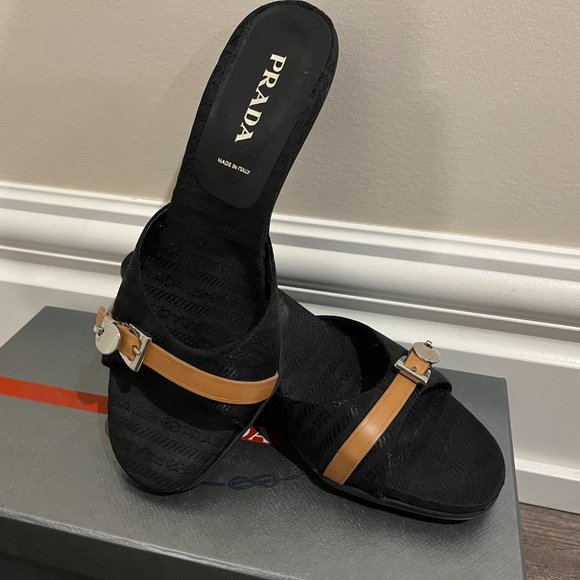 Prada Women's Black and Tan Slide Sandals - Picture 2 of 5
